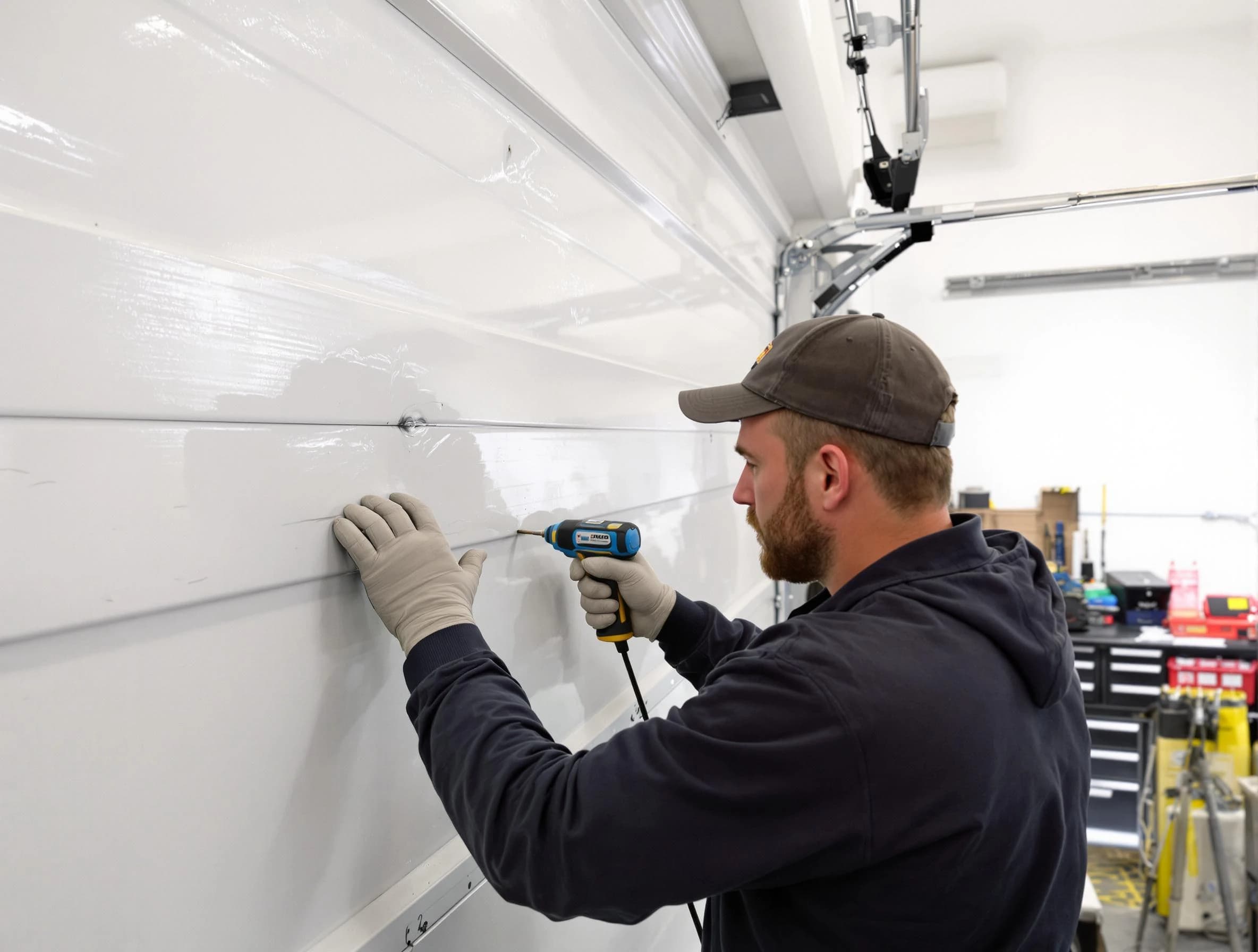 Richmond Garage Door Repair technician demonstrating precision dent removal techniques on a Richmond garage door